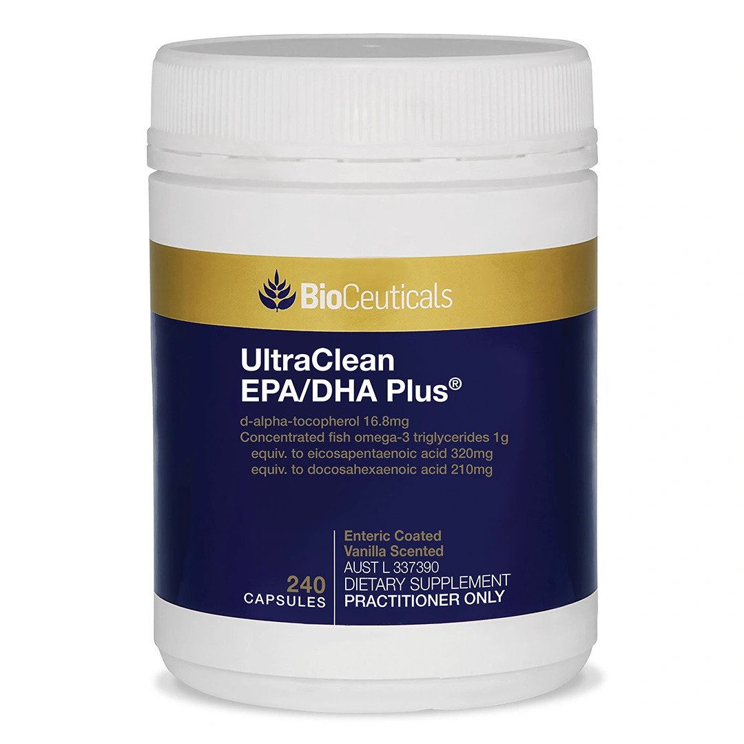 A container of BioCeuticals UltraClean EPA/DHA Plus capsules, with a label indicating 240 capsules inside.
